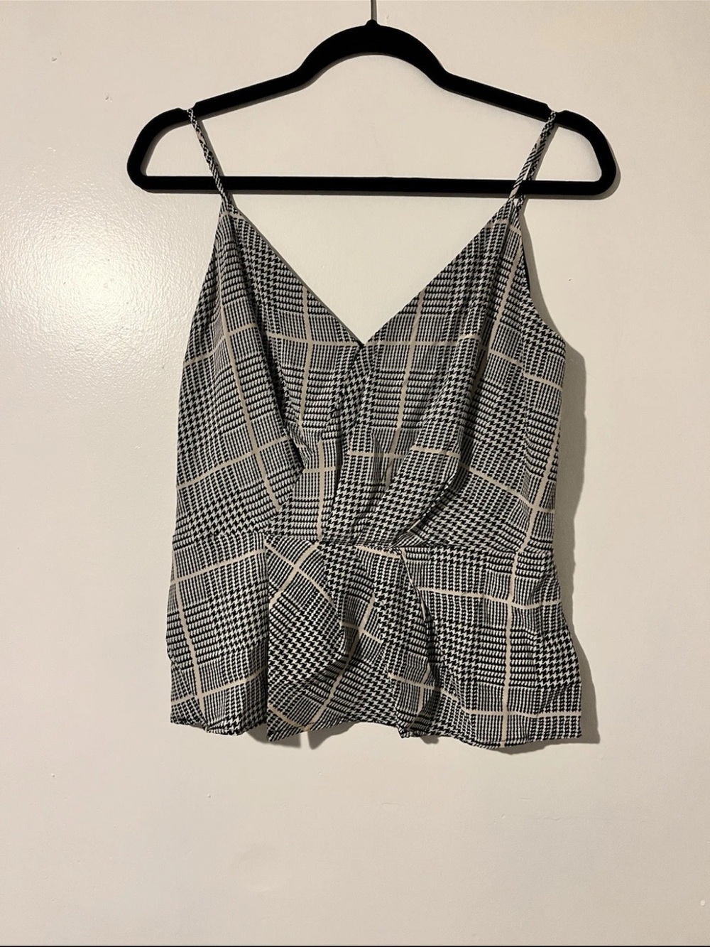 L'AGENCE Black and White Plaid Spaghetti-Strap Peplum Top